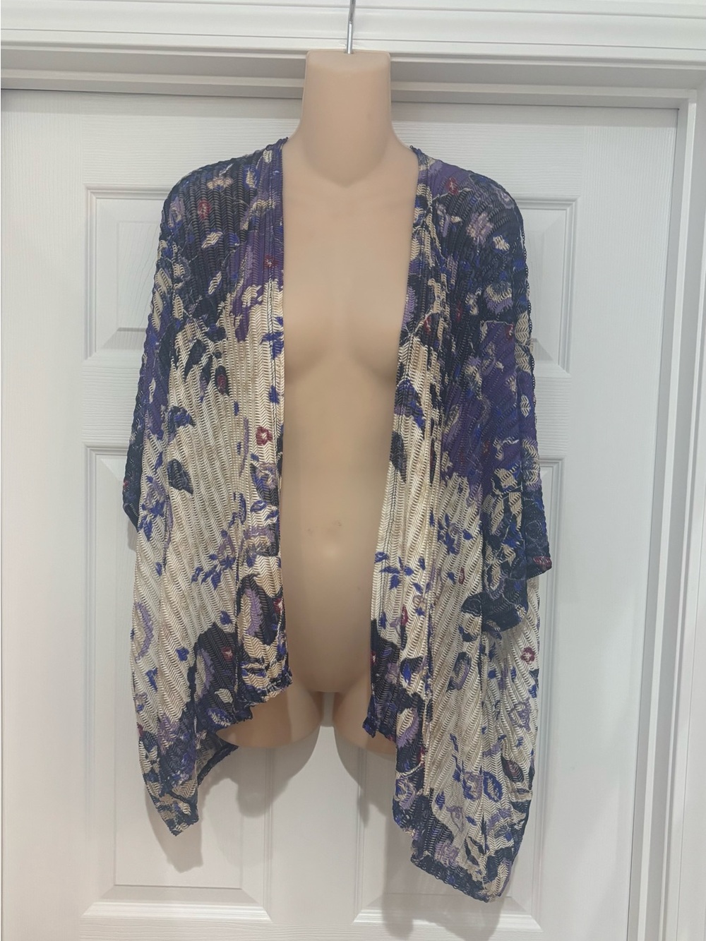 Chico's Printed Open-Front Cardigan in Purple, Blue & Cream